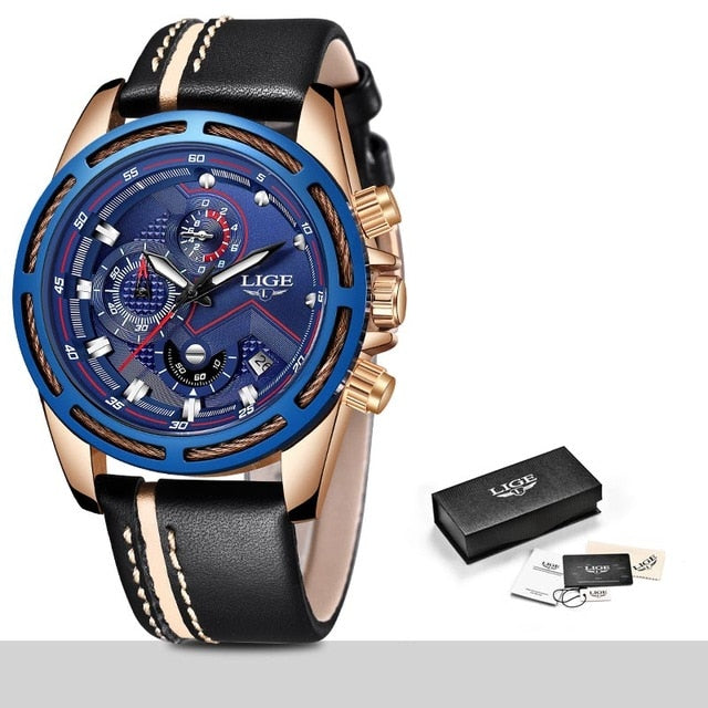 LIGE Mens Quartz Clock Leather Watche