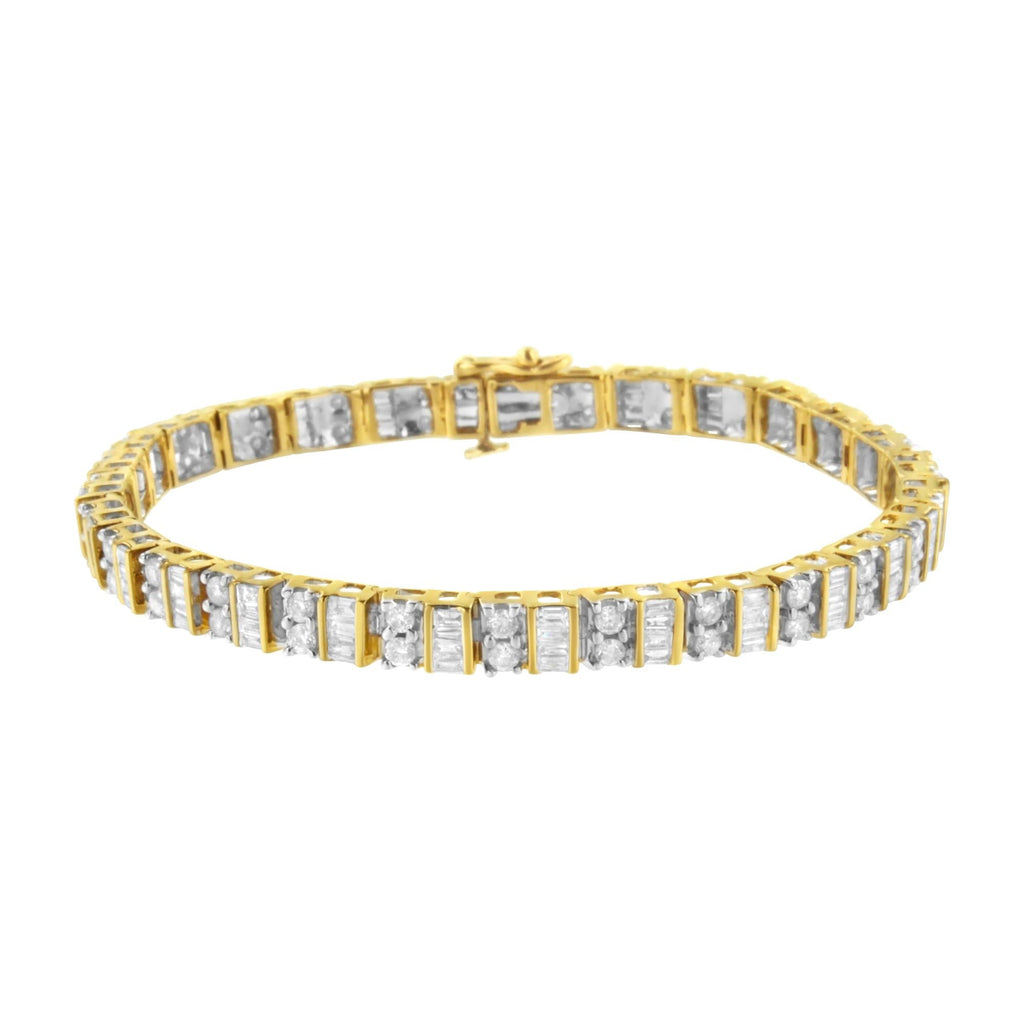 10K Yellow Gold 4.0 Cttw Alternating Baguette & Round Cut Diamond Bezel- & Prong-Set 7" Tennis Bracelet -0