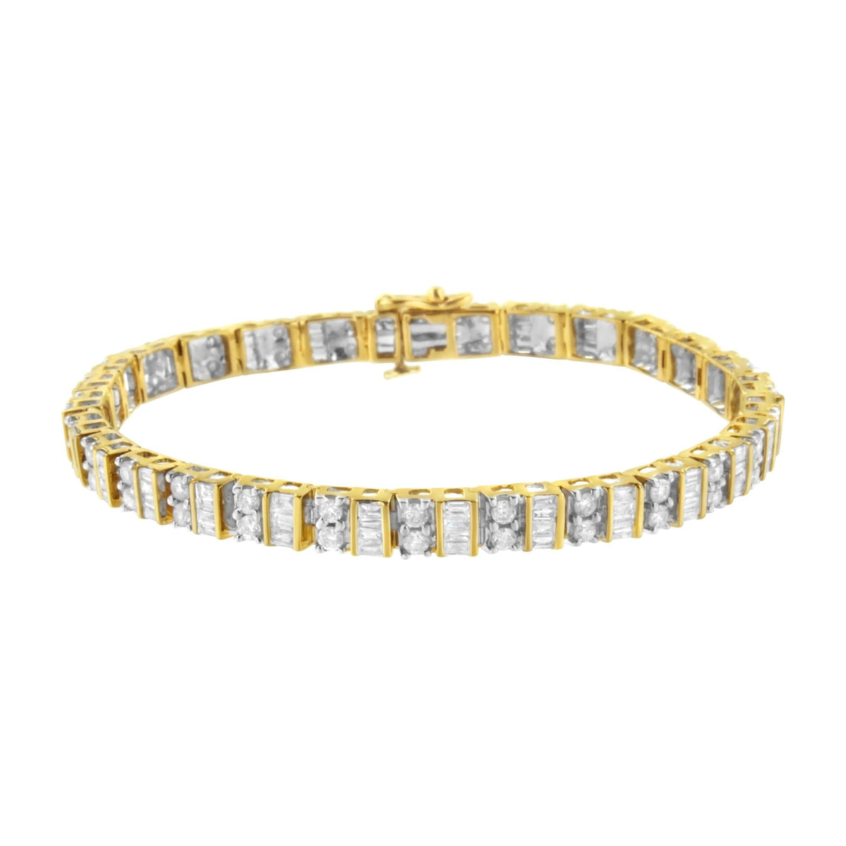 10K Yellow Gold 4.0 Cttw Alternating Baguette & Round Cut Diamond Bezel- & Prong-Set 7" Tennis Bracelet -0