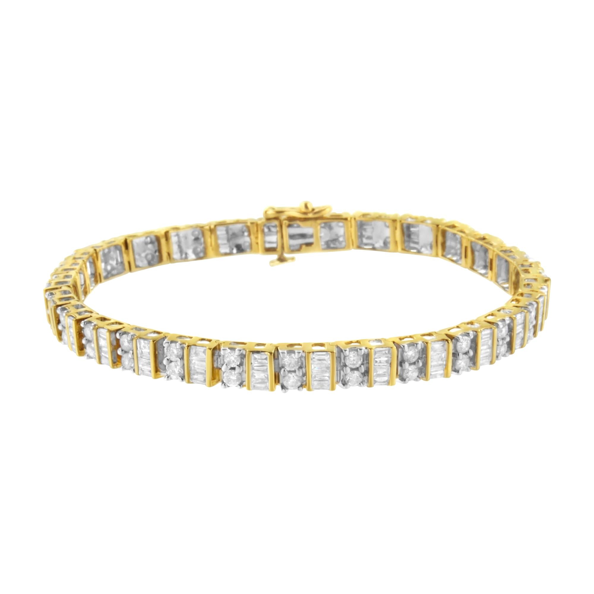10K Yellow Gold 4.0 Cttw Alternating Baguette & Round Cut Diamond Bezel- & Prong-Set 7" Tennis Bracelet -0