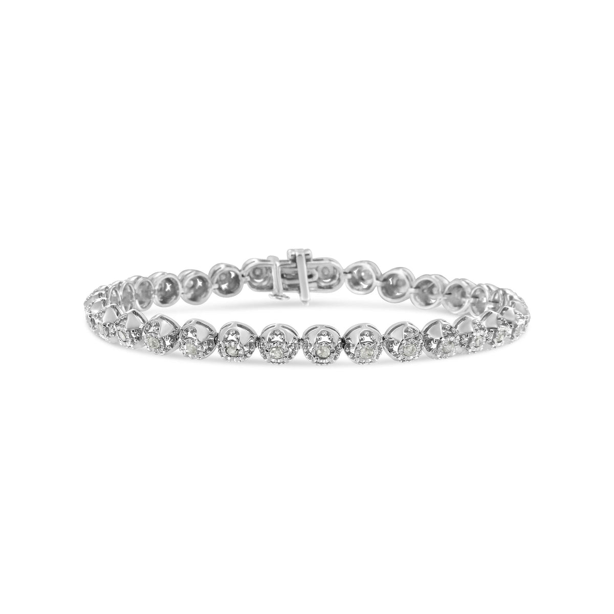 .925 Sterling Silver 1.0 Cttw Diamond Miracle-Plate Open Quatrefoil Flower Circle-Link 7" Tennis Bracelet -0