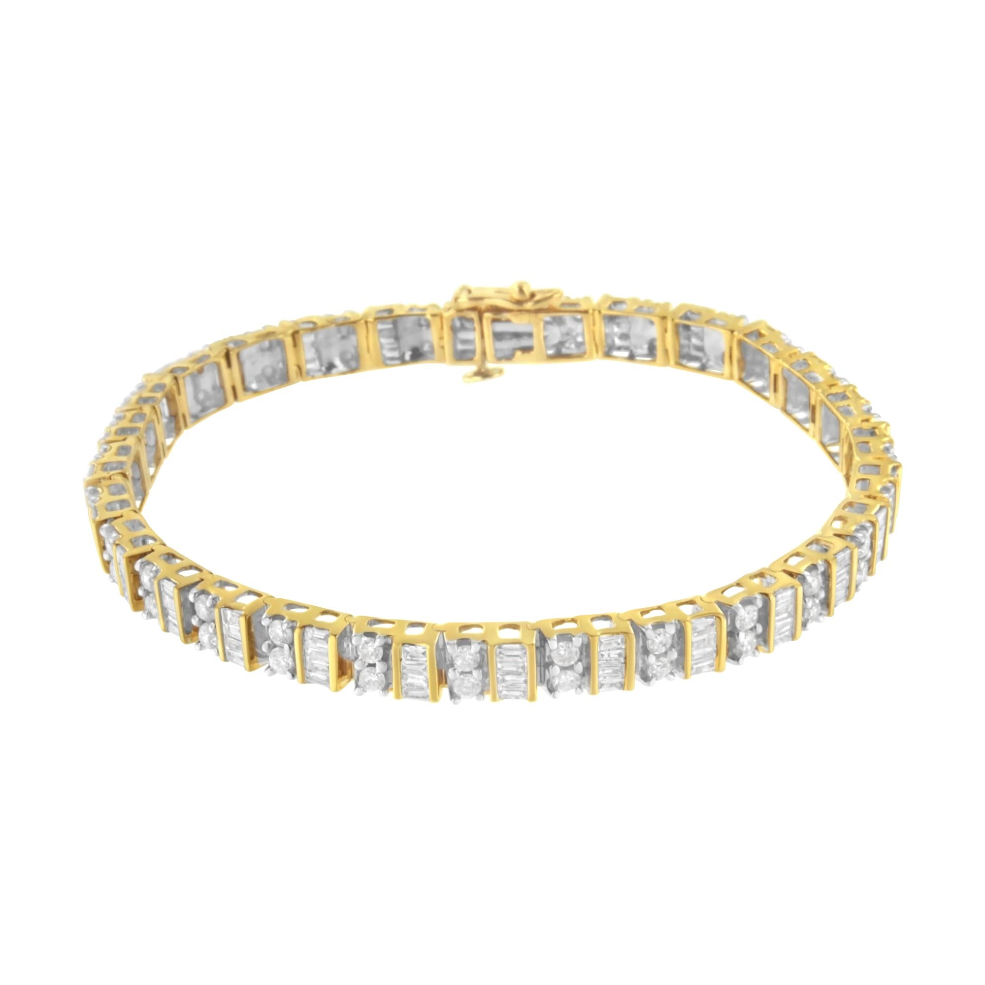 10K Yellow Gold 4.0 Cttw Alternating Baguette & Round Cut Diamond Bezel- & Prong-Set 7" Tennis Bracelet -1