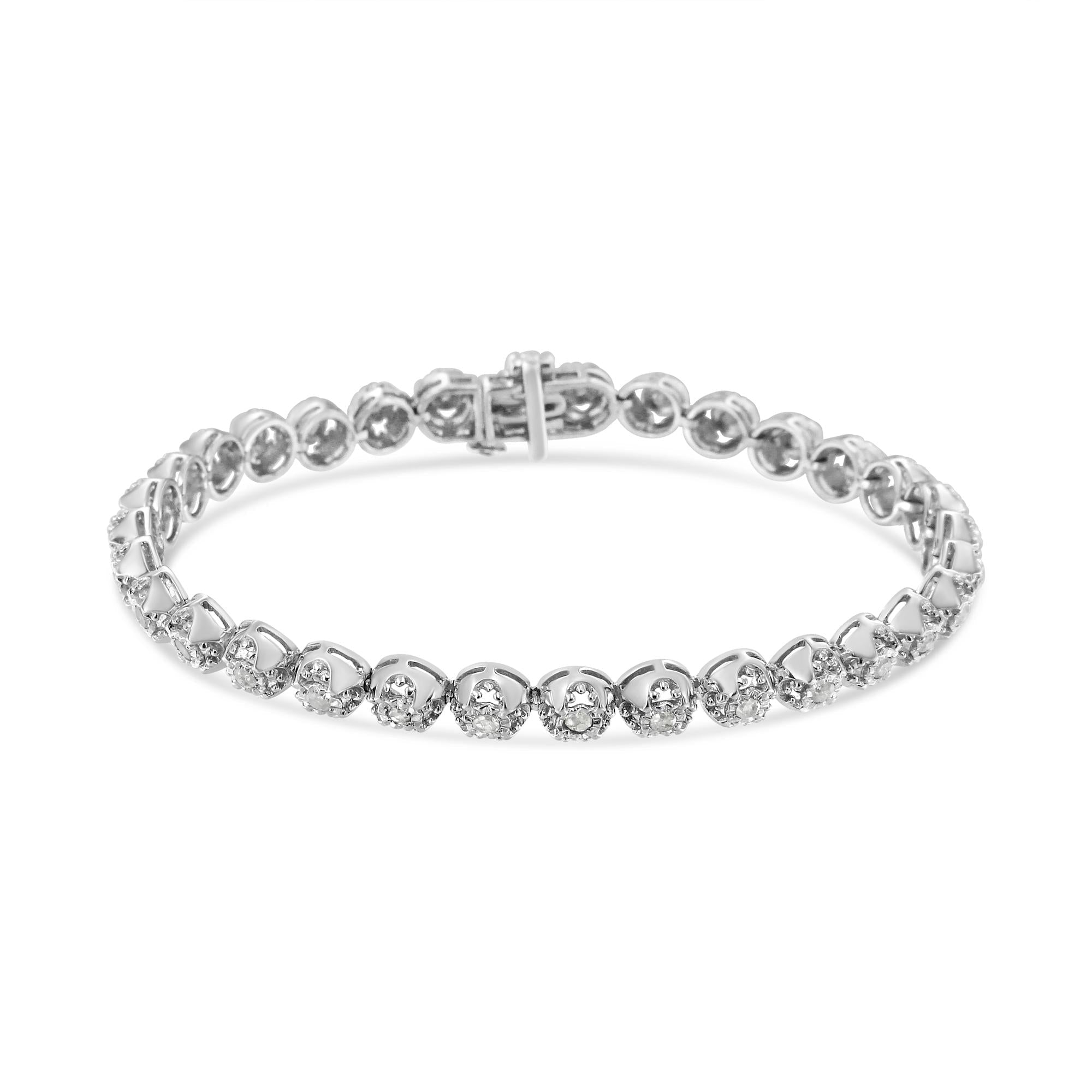.925 Sterling Silver 1.0 Cttw Diamond Miracle-Plate Open Quatrefoil Flower Circle-Link 7" Tennis Bracelet -1