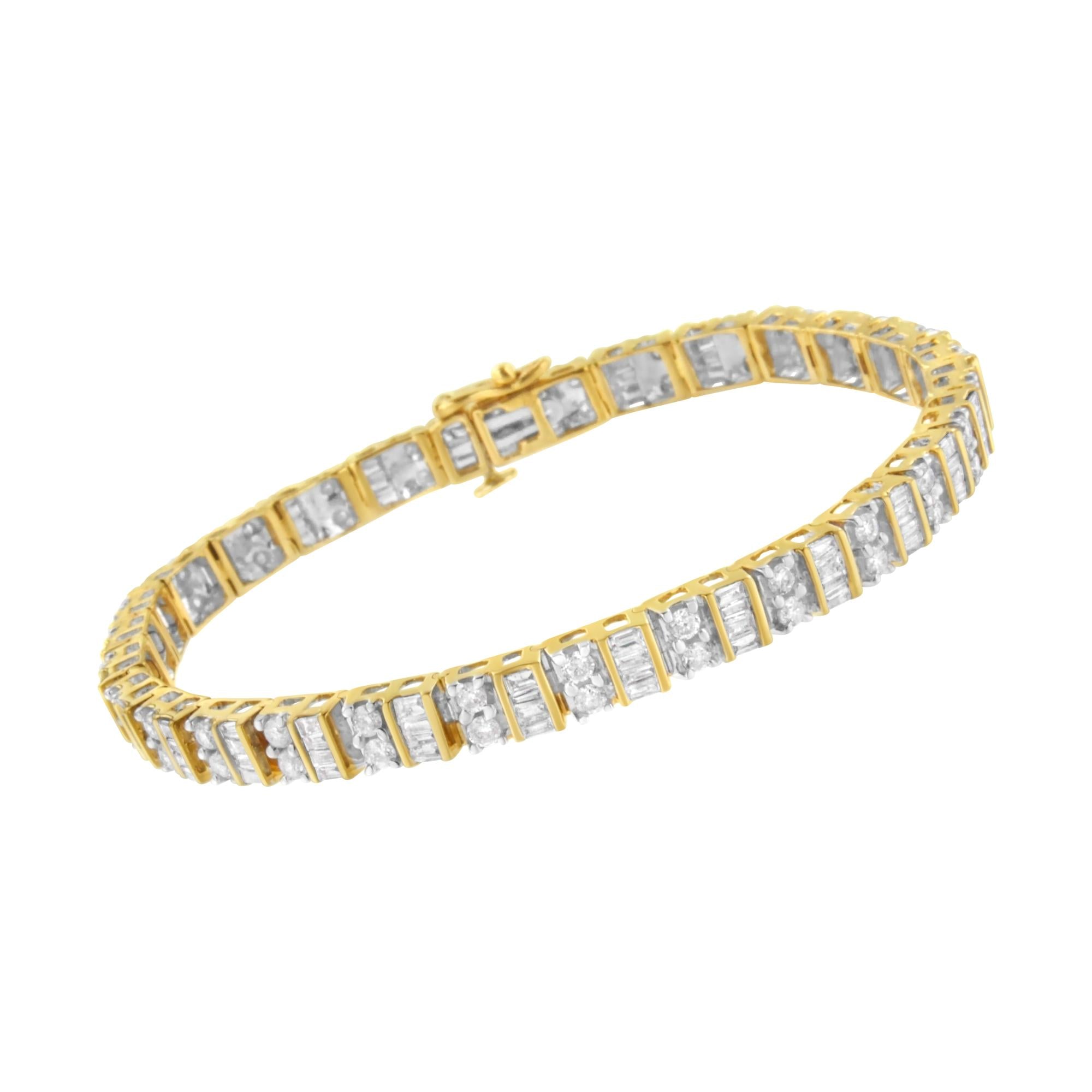 10K Yellow Gold 4.0 Cttw Alternating Baguette & Round Cut Diamond Bezel- & Prong-Set 7" Tennis Bracelet -2