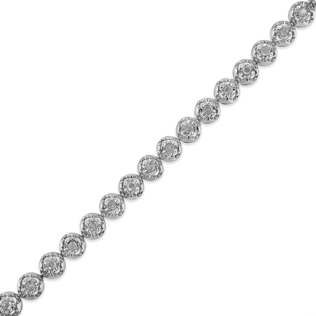 .925 Sterling Silver 1.0 Cttw Diamond Miracle-Plate Open Quatrefoil Flower Circle-Link 7" Tennis Bracelet -2