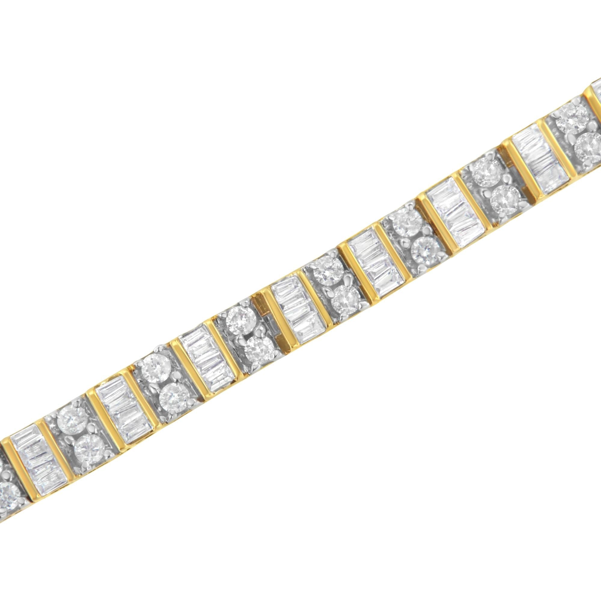 10K Yellow Gold 4.0 Cttw Alternating Baguette & Round Cut Diamond Bezel- & Prong-Set 7" Tennis Bracelet -3