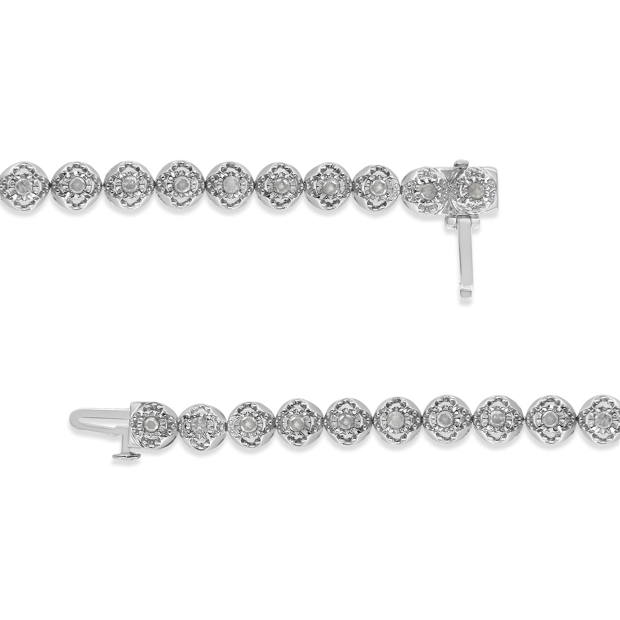 .925 Sterling Silver 1.0 Cttw Diamond Miracle-Plate Open Quatrefoil Flower Circle-Link 7" Tennis Bracelet -3