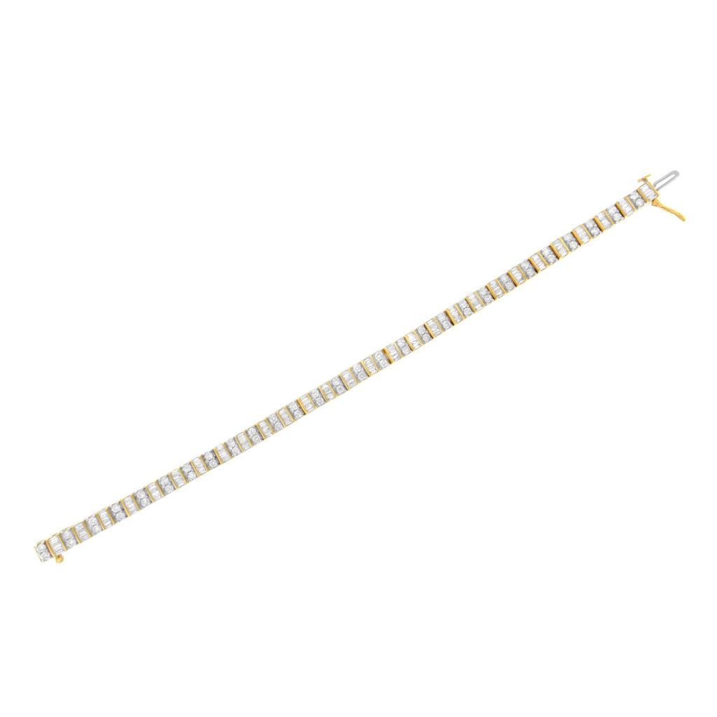 10K Yellow Gold 4.0 Cttw Alternating Baguette & Round Cut Diamond Bezel- & Prong-Set 7" Tennis Bracelet -4