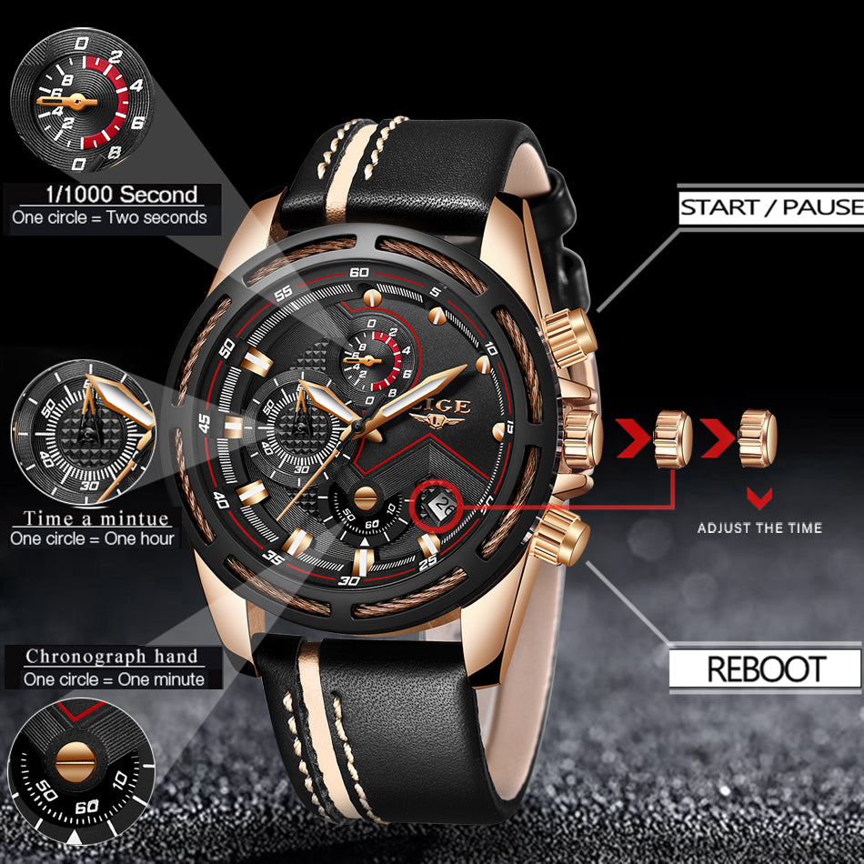 LIGE Mens Quartz Clock Leather Watche