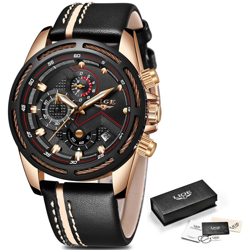 LIGE Mens Quartz Clock Leather Watche