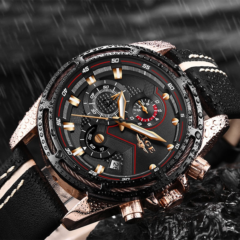 LIGE Mens Quartz Clock Leather Watche
