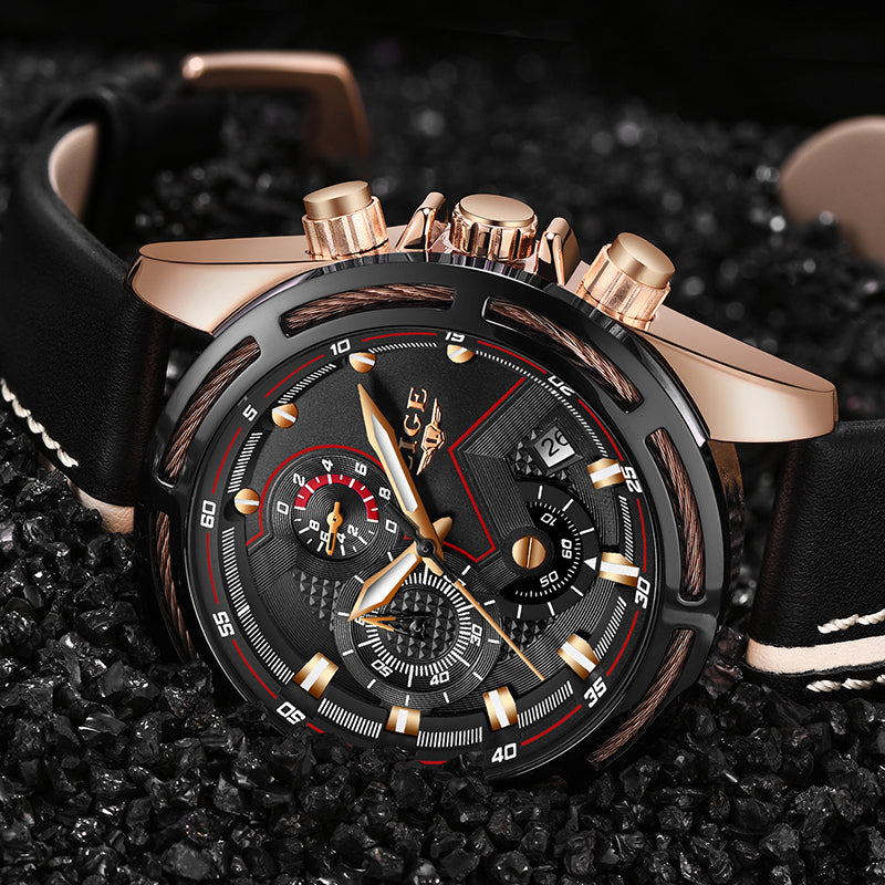 LIGE Mens Quartz Clock Leather Watche