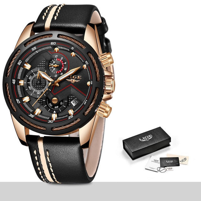 LIGE Mens Quartz Clock Leather Watche