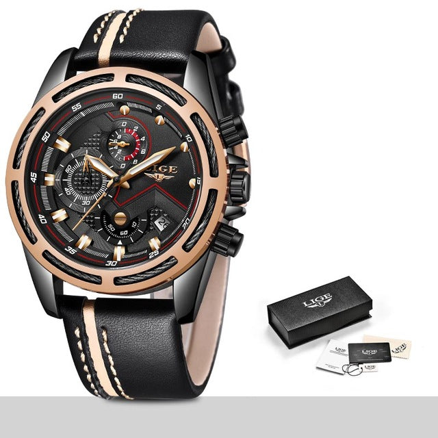 LIGE Mens Quartz Clock Leather Watche