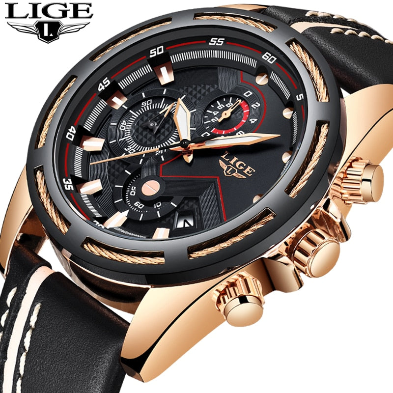 LIGE Mens Quartz Clock Leather Watche