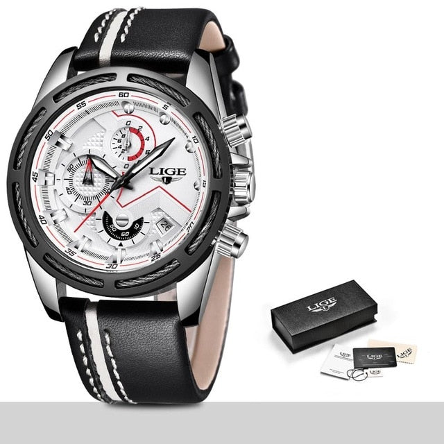 LIGE Mens Quartz Clock Leather Watche