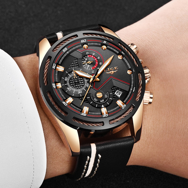 LIGE Mens Quartz Clock Leather Watche