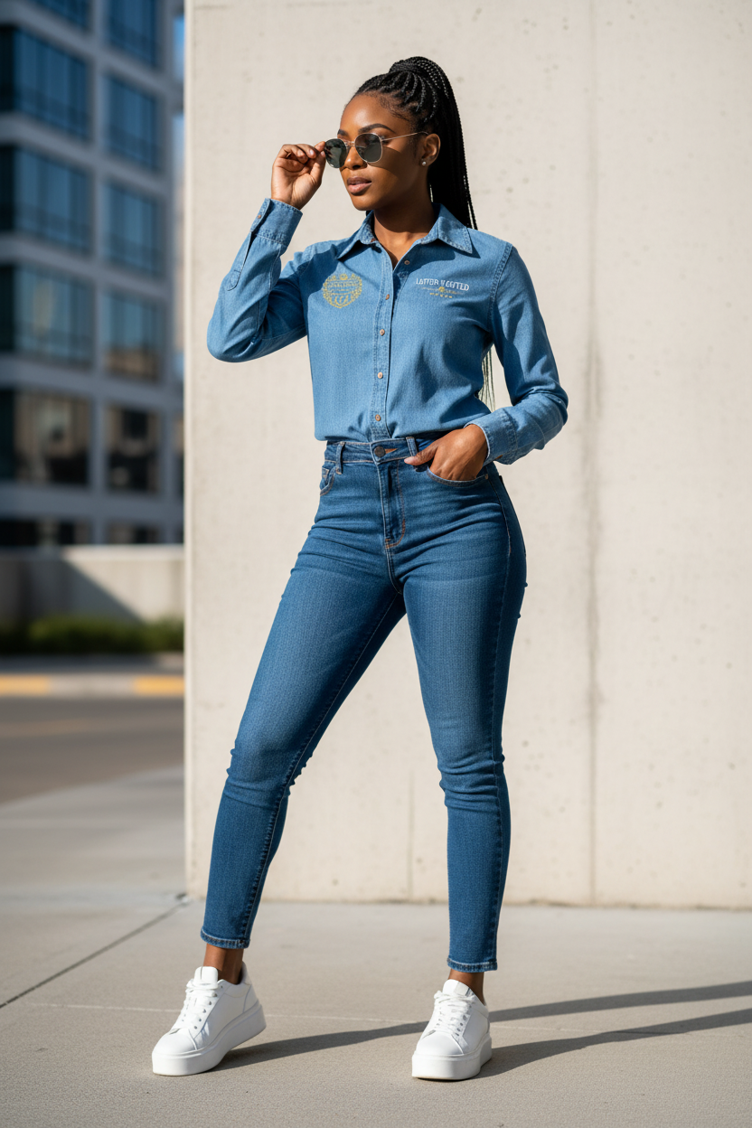 LNG Crown 7 Women's Denim Shirt Model Mockup