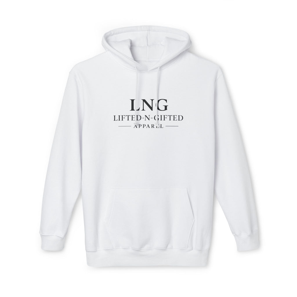 White hoodie with 'LNG' logo on a white background