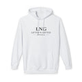 White hoodie with 'LNG' logo on a white background