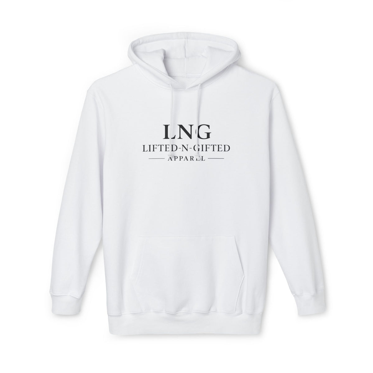 White hoodie with 'LNG' logo on a white background