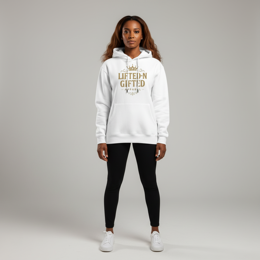 Person wearing a white hoodie with 'Lifted & Gifted' text on a gray background
